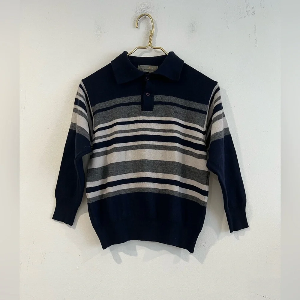 Monte Carlo striped sweater 1/4 button 100 % MAGNA WOOL collar Sz 40 12/14Years